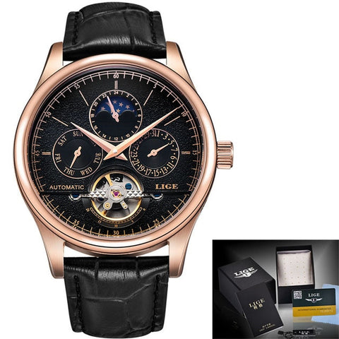 LIGE Brand Classic Mens Retro Watches Automatic Mechanical Watch Tourbillon Clock Genuine Leather Waterproof Business Wristwatch