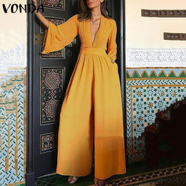 VONDA Elegant Women V neck Jumpsuits Summer Long Sleeve Solid Rompers Casual Work OL Overalls Femme Wide Leg Pants Plus Size 5XL