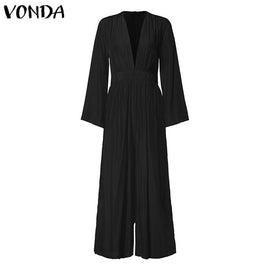 VONDA Elegant Women V neck Jumpsuits Summer Long Sleeve Solid Rompers Casual Work OL Overalls Femme Wide Leg Pants Plus Size 5XL