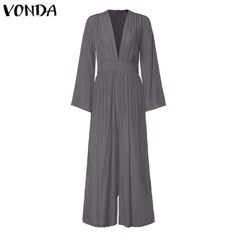 VONDA Elegant Women V neck Jumpsuits Summer Long Sleeve Solid Rompers Casual Work OL Overalls Femme Wide Leg Pants Plus Size 5XL