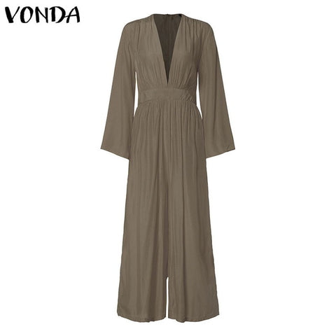 VONDA Elegant Women V neck Jumpsuits Summer Long Sleeve Solid Rompers Casual Work OL Overalls Femme Wide Leg Pants Plus Size 5XL