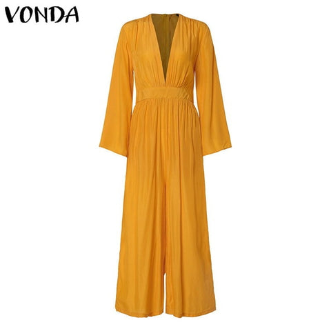 VONDA Elegant Women V neck Jumpsuits Summer Long Sleeve Solid Rompers Casual Work OL Overalls Femme Wide Leg Pants Plus Size 5XL