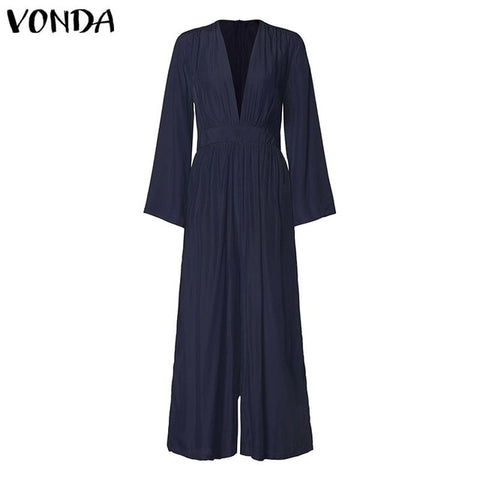 VONDA Elegant Women V neck Jumpsuits Summer Long Sleeve Solid Rompers Casual Work OL Overalls Femme Wide Leg Pants Plus Size 5XL