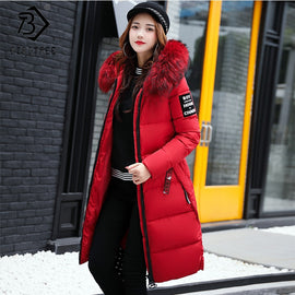 Winter Women's Down Parkas Winter Jacket Big Fur Thick Slim Long Coat Fashion Zipper Hooded Female Long Outerwear C88023L