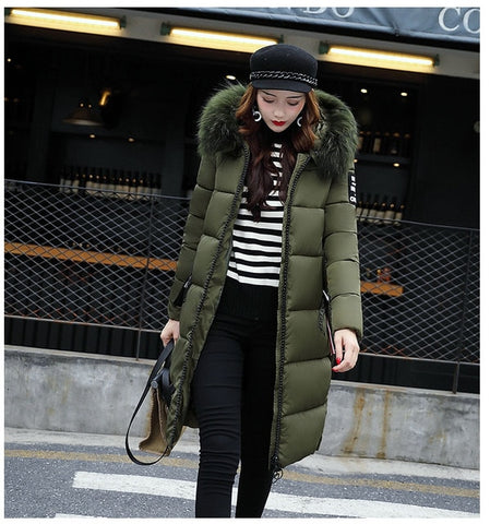 Winter Women's Down Parkas Winter Jacket Big Fur Thick Slim Long Coat Fashion Zipper Hooded Female Long Outerwear C88023L