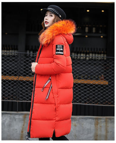 Winter Women's Down Parkas Winter Jacket Big Fur Thick Slim Long Coat Fashion Zipper Hooded Female Long Outerwear C88023L