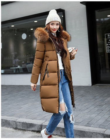 Winter Women's Down Parkas Winter Jacket Big Fur Thick Slim Long Coat Fashion Zipper Hooded Female Long Outerwear C88023L