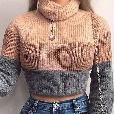 Cryptographic Fashion Women's  Turtlenecks Sweaters Striped Long Sleeve Knitted Pullovers Females Jumpers Cropped Sweaters Fall