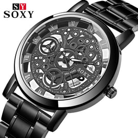 SOXY 2019 NEW Men Watches Skeleton Top Brand Luxury Business Watches Men's Stainless Steel Band Auto Date relogio masculino saat