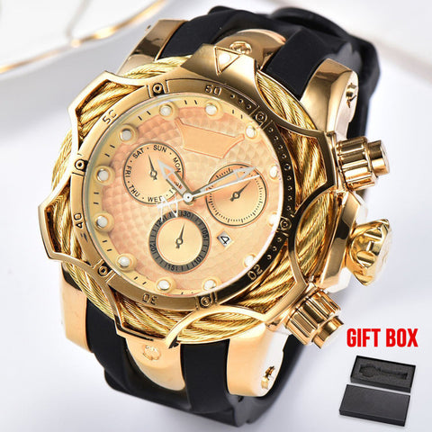 Luxury Brand Design Men's Golden Quartz Watches Men Big Military Rubber Wristwatches Male Gold Watch Relogio Dourado Masculino