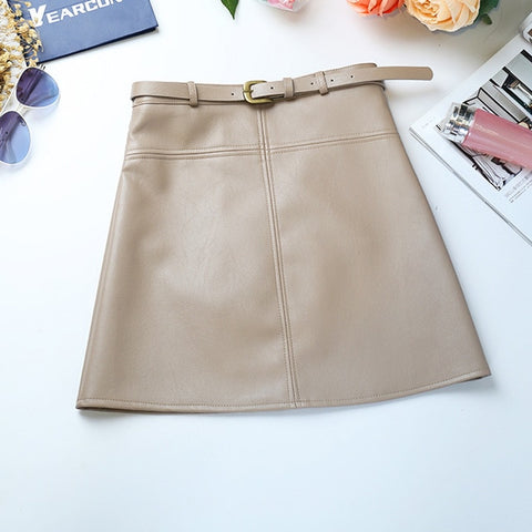 Winter A-Line PU Leather Skirt For Women High Waist Office Wear Skirts Plus Size Female Skirt with Belt