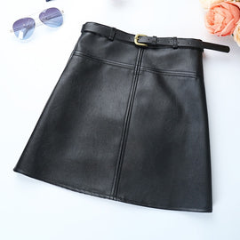 Winter A-Line PU Leather Skirt For Women High Waist Office Wear Skirts Plus Size Female Skirt with Belt