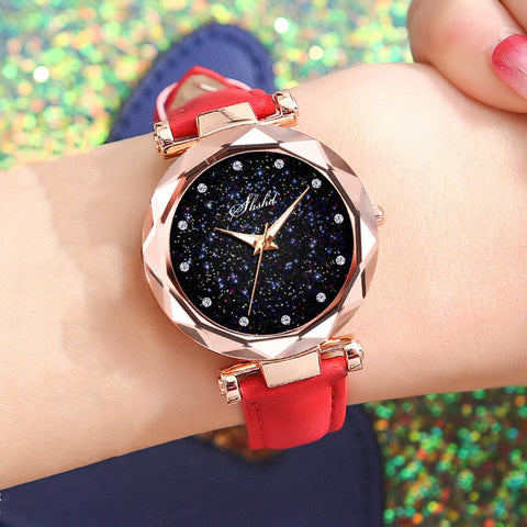 New Luxury Rhinestone Index Starry Sky Round Dial Faux Leather Band Lady Quartz Wrist Watch Fashion Woman watch