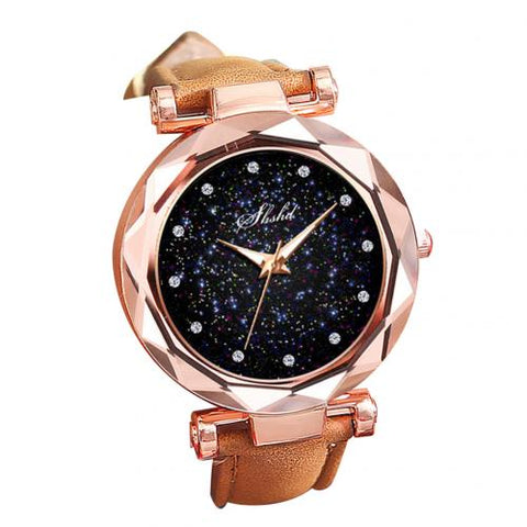 New Luxury Rhinestone Index Starry Sky Round Dial Faux Leather Band Lady Quartz Wrist Watch Fashion Woman watch