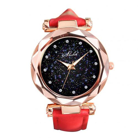 New Luxury Rhinestone Index Starry Sky Round Dial Faux Leather Band Lady Quartz Wrist Watch Fashion Woman watch