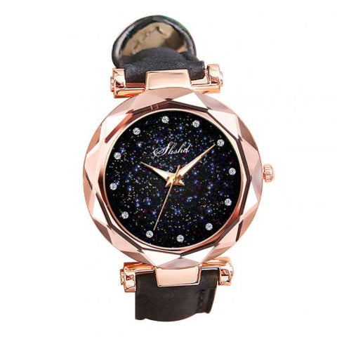 New Luxury Rhinestone Index Starry Sky Round Dial Faux Leather Band Lady Quartz Wrist Watch Fashion Woman watch