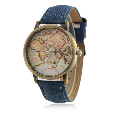 2017 New Fashion Global Travel By Plane Map Men Women Watches Casual Denim Quartz Watch Casual Sports Watches for Men kol saati