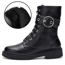 Ta Jiang New Fashion Warm Plush Winter Women Ankle Boots For Women Shoes Leather Lace-Up Autumn Motorcycle Boots Shoes Woman