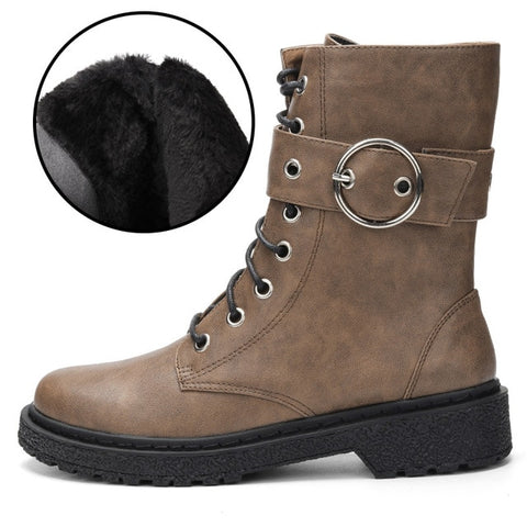 Ta Jiang New Fashion Warm Plush Winter Women Ankle Boots For Women Shoes Leather Lace-Up Autumn Motorcycle Boots Shoes Woman