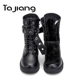 Ta Jiang New Fashion Warm Plush Winter Women Ankle Boots For Women Shoes Leather Lace-Up Autumn Motorcycle Boots Shoes Woman