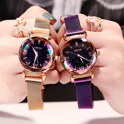 Luxury Women Watches Fashion Elegant Magnet Buckle Vibrato Purple Ladies Wristwatch 2019 New Starry Sky Roman Numeral Gift Clock