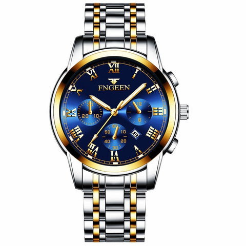 Luxury Gold Men Watch Good Quality Men's Quartz Clock Stainless Steel Watches 30m Waterproof Calendar Date (Small dial not work)