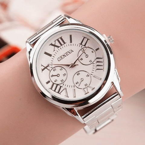 New Brand 3 Eyes Silver Geneva Casual Quartz Watch Women Stainless Steel Dress Watches Relogio Feminino Ladies Clock Hot Sale